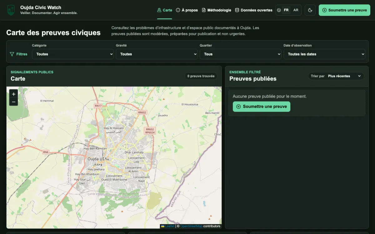 Oujda Civic Watch civic evidence map preview